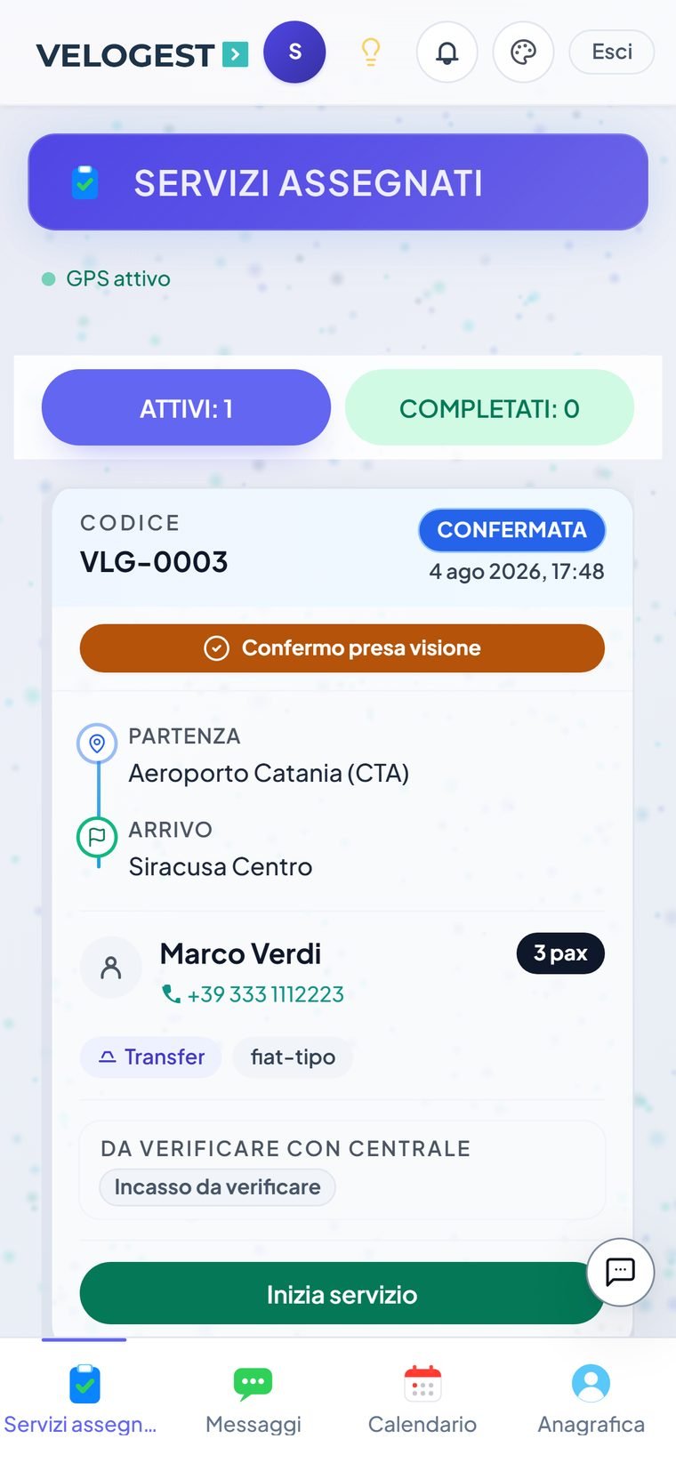 L'app dell'autista: servizio assegnato, presa visione, GPS attivo, avvio